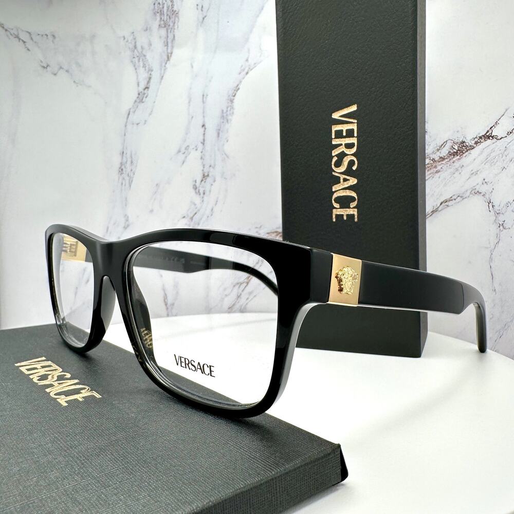 New VERSACE Eyeglasses Black Square 56-17-145mm Gold Medusa Versace